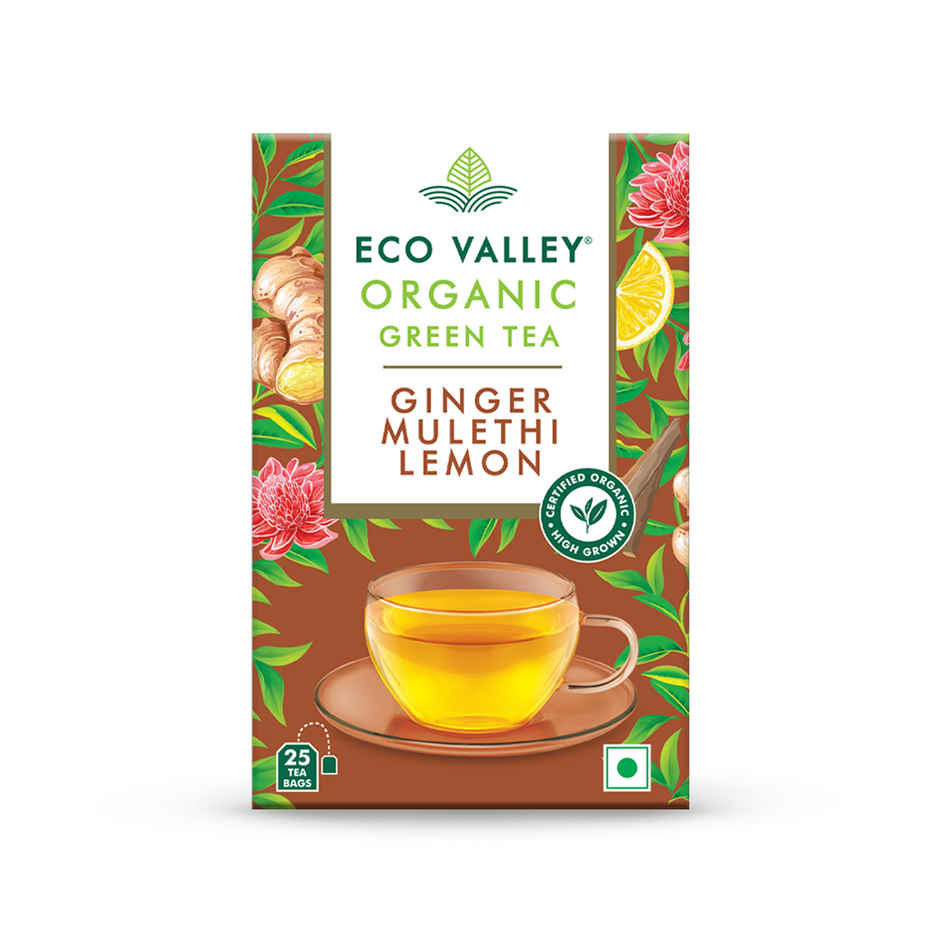 Eco Valley Organic Green Tea- Ginger Mulethi Lemon| Boost Energy, Helps Burn Body Fat| Zero Calories