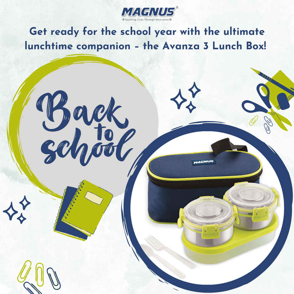Magnus Avanza 3 Steel Leakproof Lunch Box for School with Klip Lock Lid & Insulated Tiffin Bag