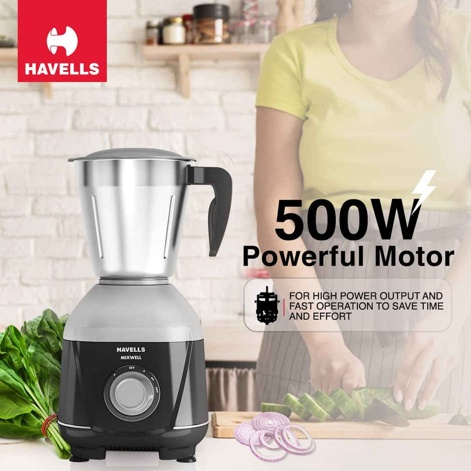 Havells Mixwell Mixer Grinder | 500 W | 3 Jars | 1.5 L Capacity - Black & Grey