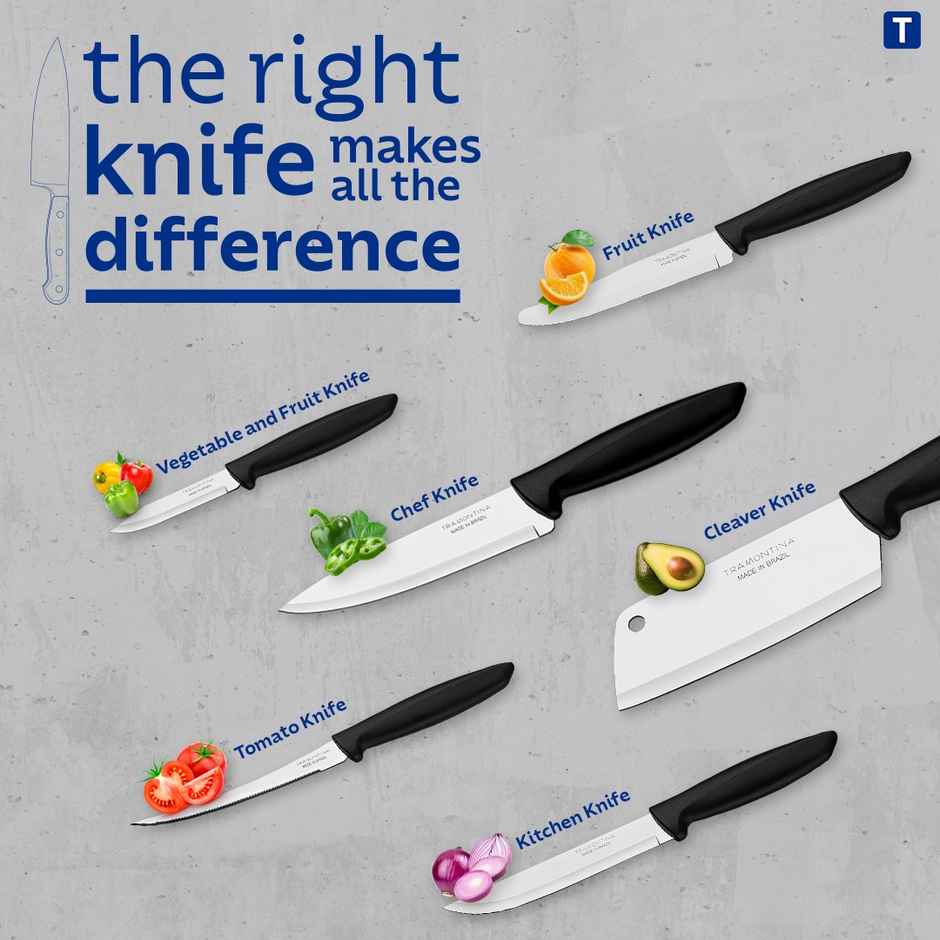 Tramontina Plenus Stainless Steel Vegetable and Fruit Knife/Chaku, 7cm/2.7 inch | Black | Straight/Plain Edge Knife | Polypropylene Handle | Dishwasher Safe | 5 Year Warranty | Made in Brazil