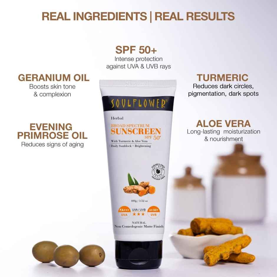 Soulflower Herbal Broad Spectrum Sunscreen With Turmeric Aloe Vera - SPF 50+ PA+++ Matte Finish, No - White Cast For Men & Women