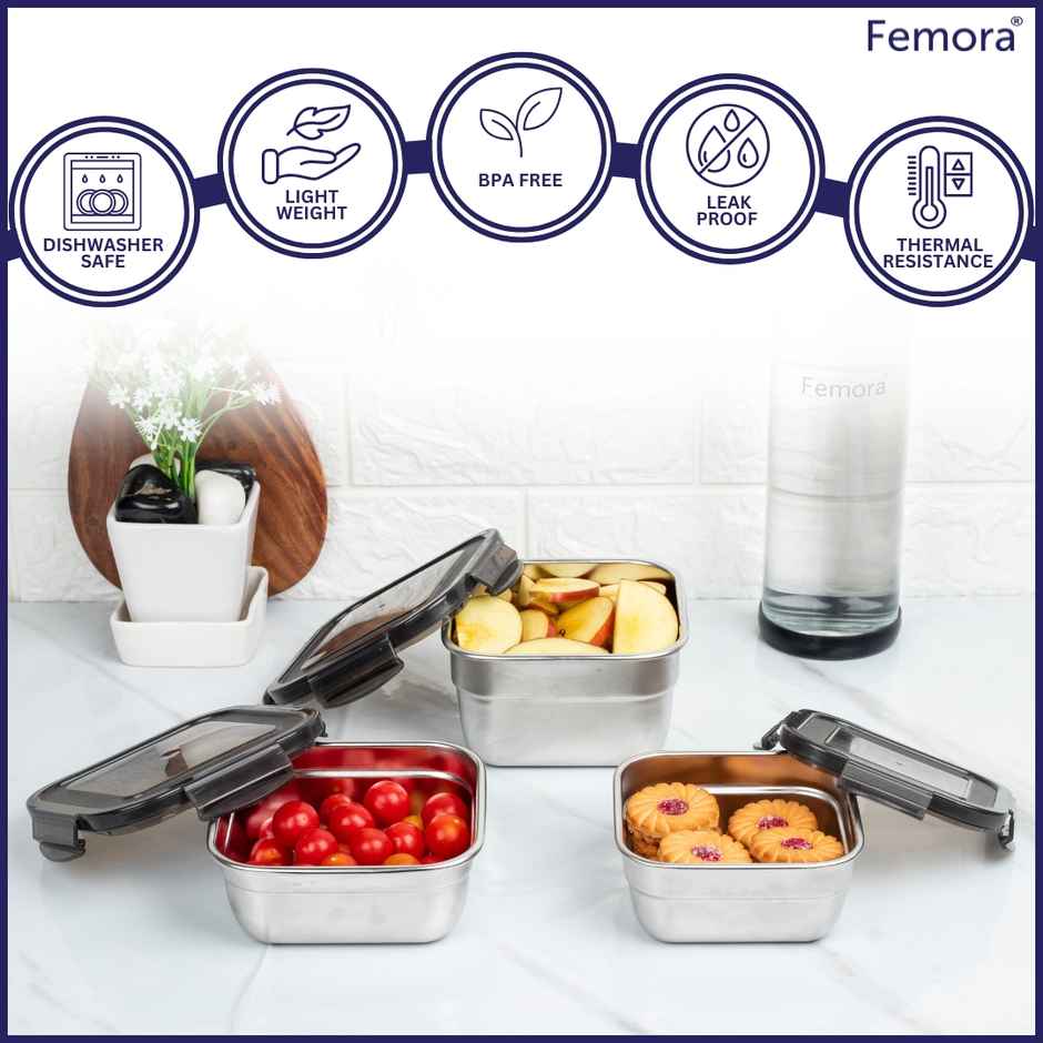 Femora High Stainless Steel Square Container Leak Proof Airtight Lid 350 ml - Silver