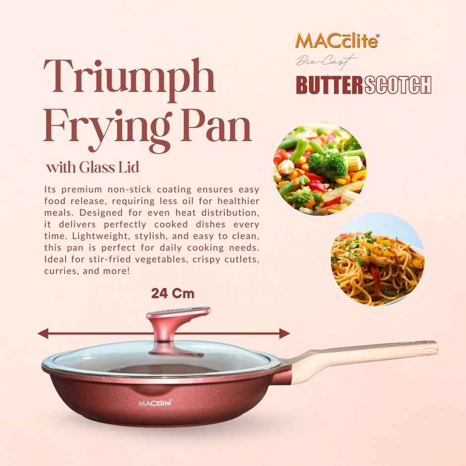 Macclite Non-Stick PDC Granite+ Induction Base Butter Scotch Triumph Frying Pan 24 cm With Glass Lid
