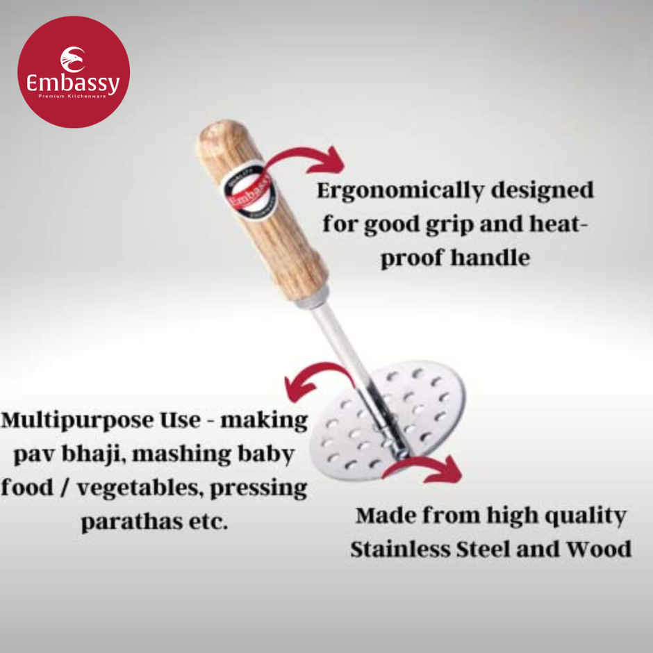 Embassy Pav Bhaji Masher, Size 3 (Wood Handle), Stainless Steel (Mashing Vegetables, Baby Food etc.)