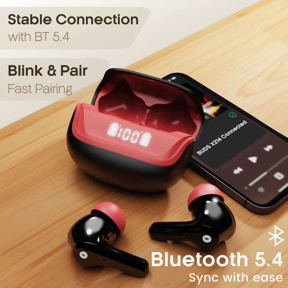 Leaf Buds X214 True Wireless Earbuds AI Sound App | 40H Playtime | 2 Modes | Blood Black