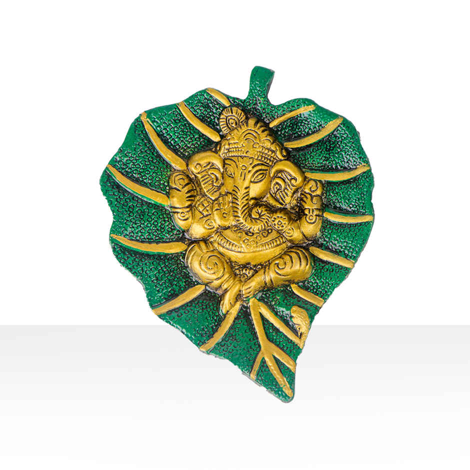 Ganesh Ji on Green Leaf Wall Hanging in Gold Polish Small Size | Devnidhi
