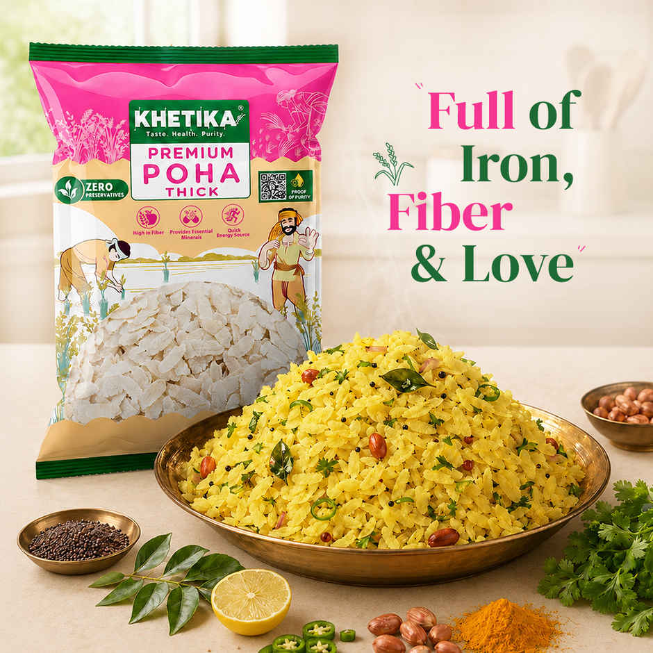 Khetika Premium Thick Poha (Flattened Rice) | High in Fiber | Zero Preservatives