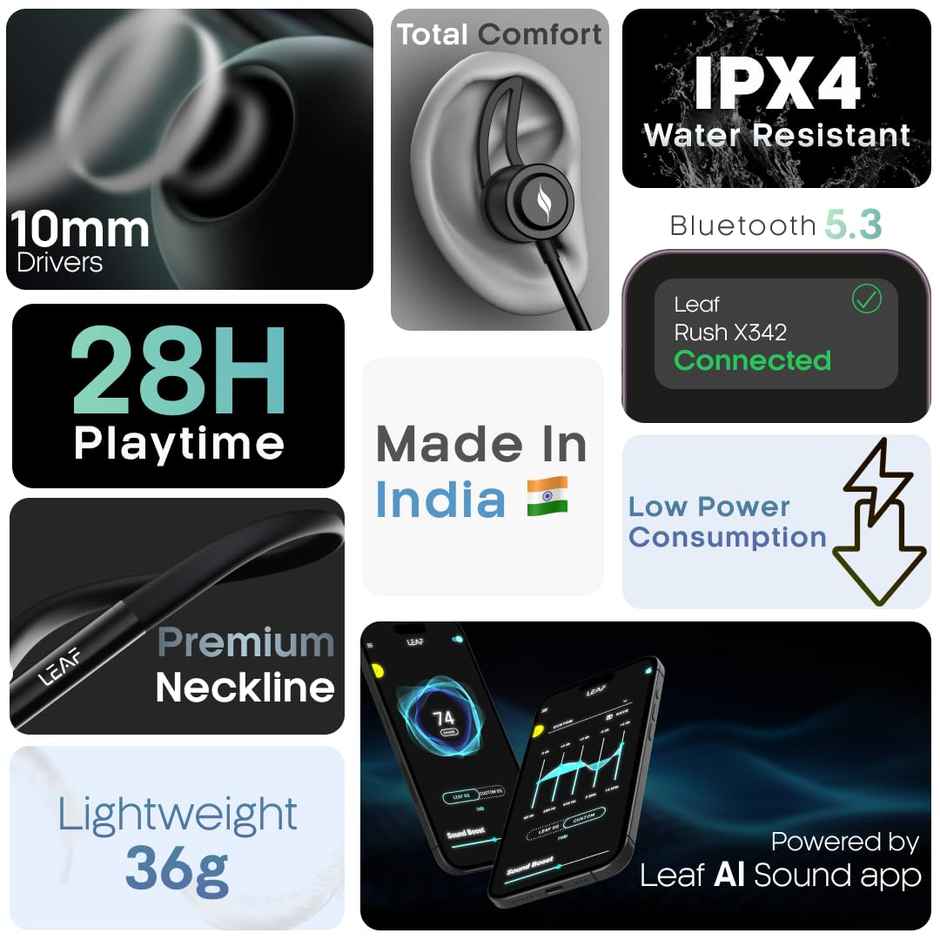 Leaf Rush X342 Neckband With Ai Sound App, 28H Playtime, Silicon Neckline, 10Mm Driver Carbon Black
