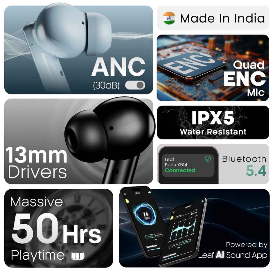 Leaf Buds X514 | ANC | Transparency Mode | 70H Playtime | Quad Mic ENC | TWS - Carbon Black