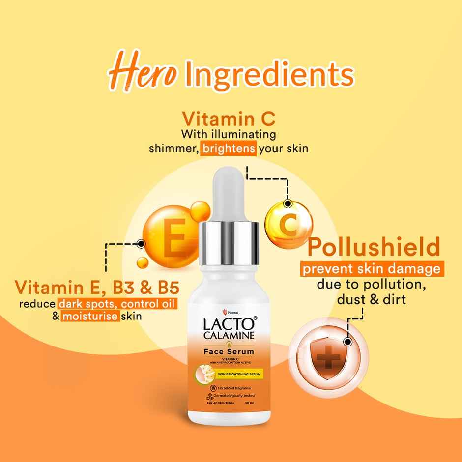 Lacto Calamine Vitamin C Serum Skin Brightening Serum With Pollushield, Vitamin E, B3 And B5