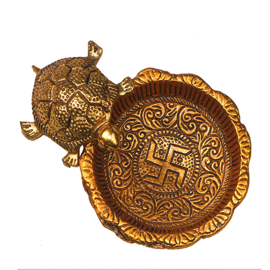 Tortoise/ Turtle/Kachua on Swastik Plate Vastu Feng Shui in Gold Polish | Devnidhi