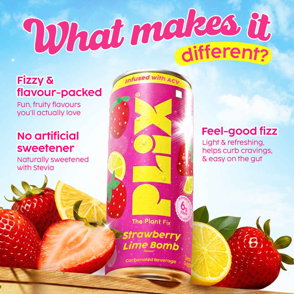 Plix Strawberry Lime Bomb Fizzy Soft Drink Can|Low Calorie & Zero Sugar|Prebiotics With 6g Fibre | Soda