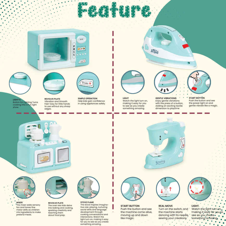 Anz Toy Green Microwave |Oven |Iron & Sewing Machine