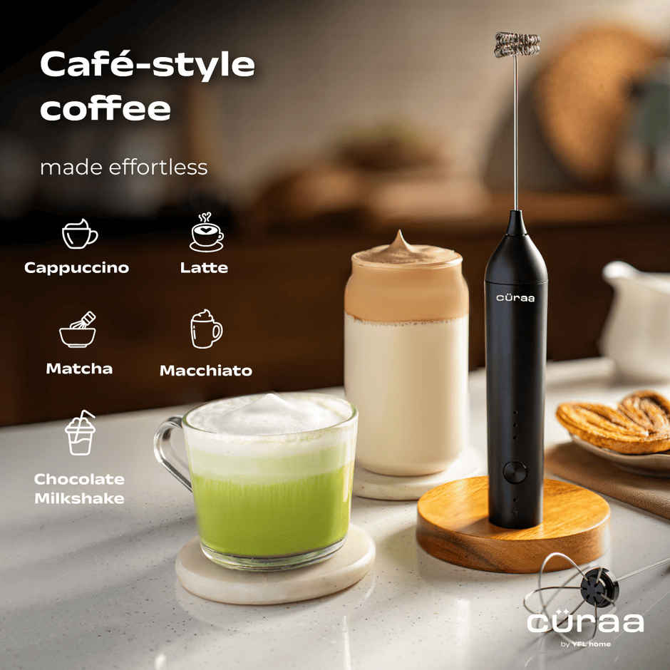 Curaa by YFL Home 10W Milk Frother for Coffee, 3 Speed Electric Milk Frother for Coffee, Lattes, Milk, Hot Chocolates & Cream, Handheld, Portable, Rechargeable Frother with Stand & Whisker - Black