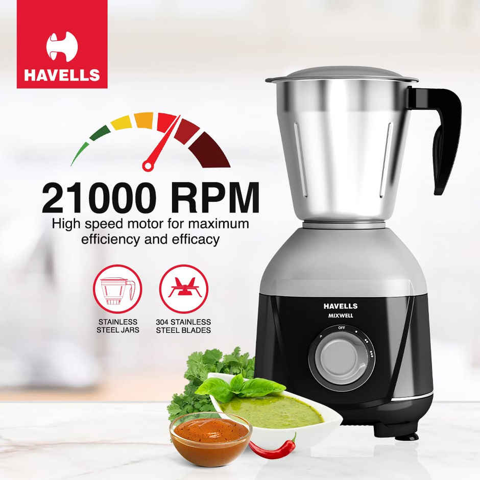 Havells Mixwell Mixer Grinder | 500 W | 3 Jars | 1.5 L Capacity - Black & Grey