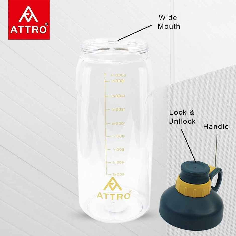 Attro Hydra Gym 2000 ml Plastic Water Bottle Grip Handle | BPA-Free | Leak-Proof | Dark Blue