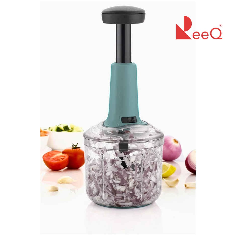 ReeQ Manual Hand Press Vegetable Chopper - Onion, Garlic & Salad Cutter with Transparent Container