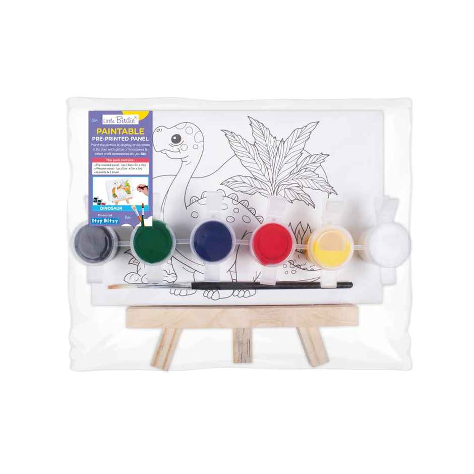 Itsy Bitsy Paintable Pre-printed Panel With Easel & Colours Dinosaur 4x6 Inch Easel Size 11cm