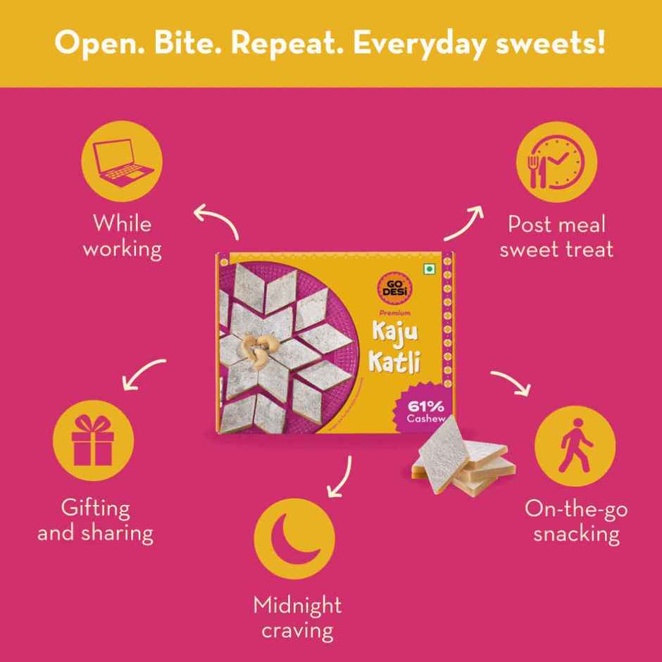 GO DESi Premium Kaju Katli | 61% Cahews | More Cashew, Less Sugar