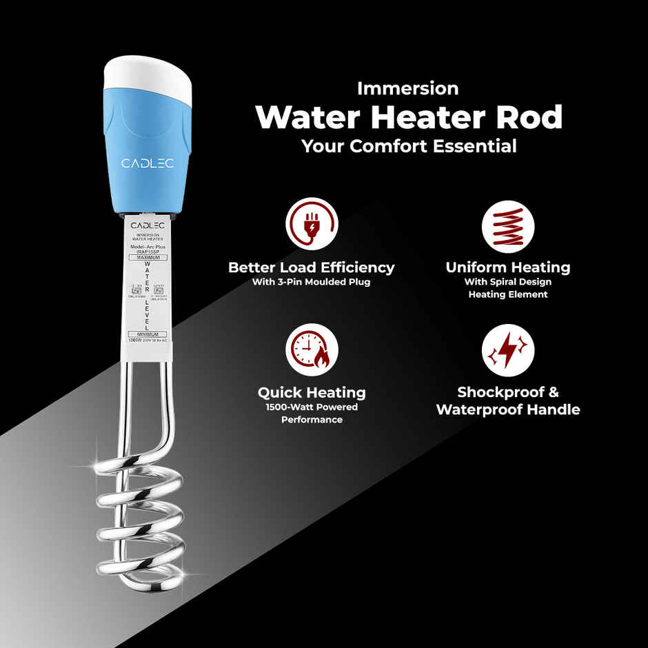 Cadlec HeatJet 1500W Electric Immersion Rod With Waterproof & Protection, Instant Heating With Bucket Holder - Blue