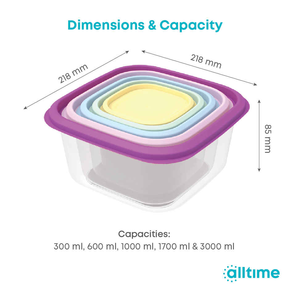 All Time Prism Square Storage Container Set (6600 ml) (Multicolor) (5 Pc Set)