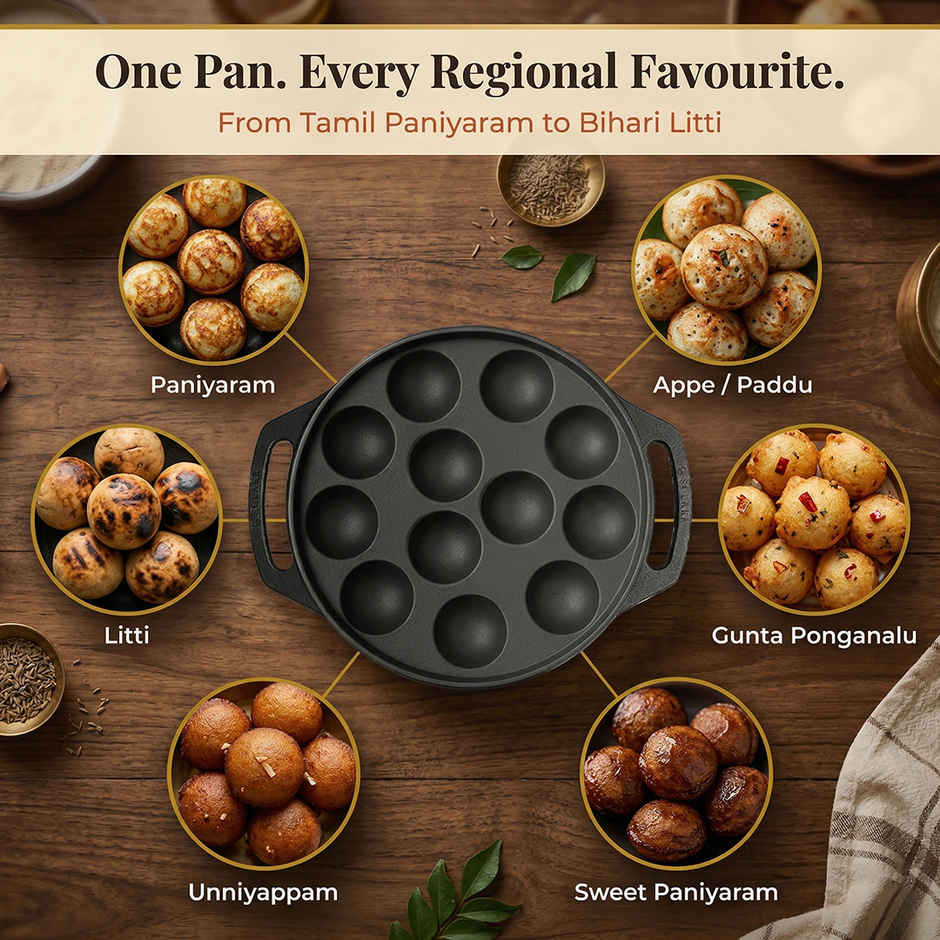 Solara Essentials Pre Seasoned 12 Cavity Cast Iron Paniyaram | 20 cm | Black