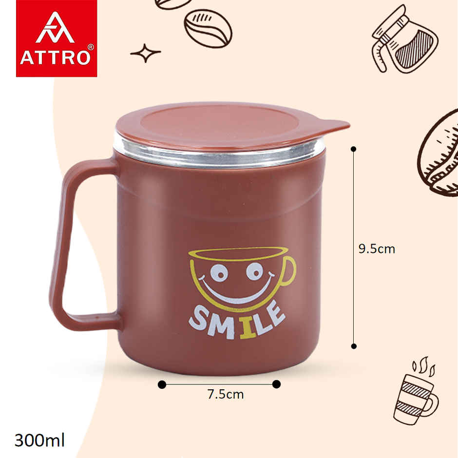Attro Happy Mug | Double Wall Stainless Steel Lid | Cup for Hot Coffee-Tea | 300 ml | Red