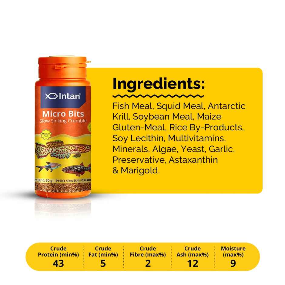 Intan Micro Bits - Fish FOOD for small mouths - Killifish | Tetras |Rasboras |Danios - Slow Sinking