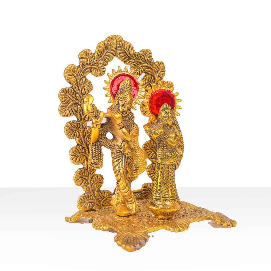 Diya Radha Krishna Mehrab Chowki in Gold Polish Large Size | Golden | Metal | Diya-Pooja | Devnidhi