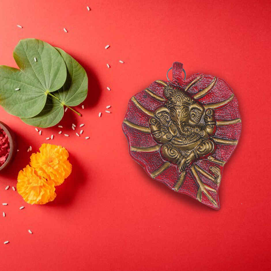 Lord Ganesh on Red Leaf Wall Hanging in Gold Polish | Small Size | Devnidhi