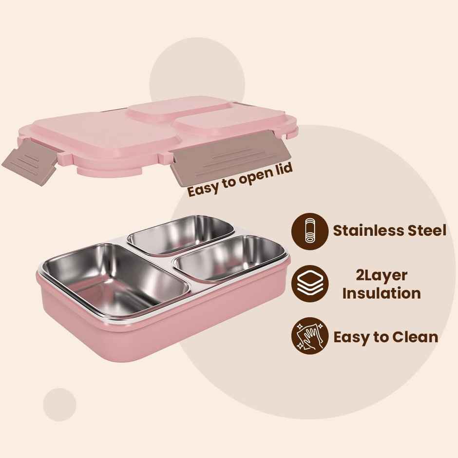 Tex-Ro Pink 2 Compartment Microwave Safe, Lockable Stainless Steel & Plastic Tiffin Box 700 ml