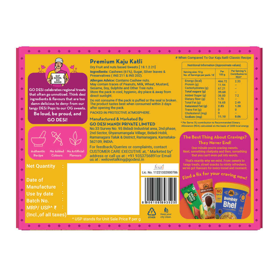GO DESi Premium Kaju Katli | 61% Cashew | Burfi | Kaju Katri