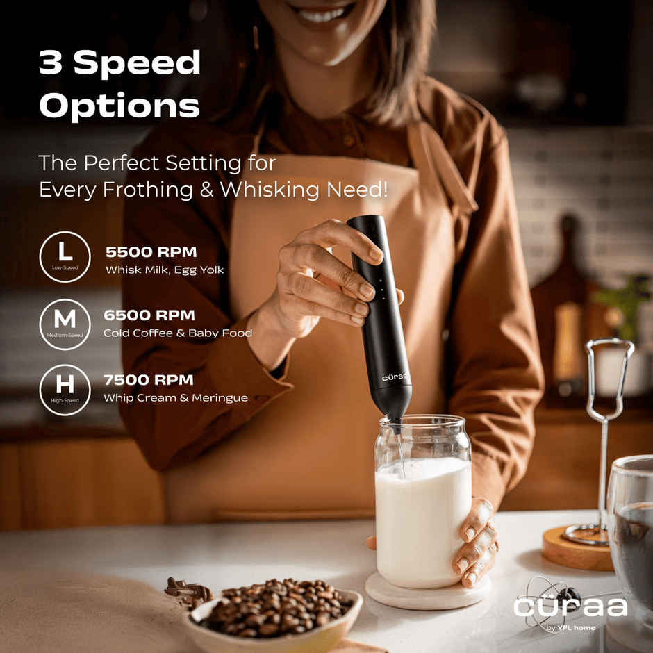 Curaa by YFL Home 10W Milk Frother for Coffee, 3 Speed Electric Milk Frother for Coffee, Lattes, Milk, Hot Chocolates & Cream, Handheld, Portable, Rechargeable Frother with Stand & Whisker - Black