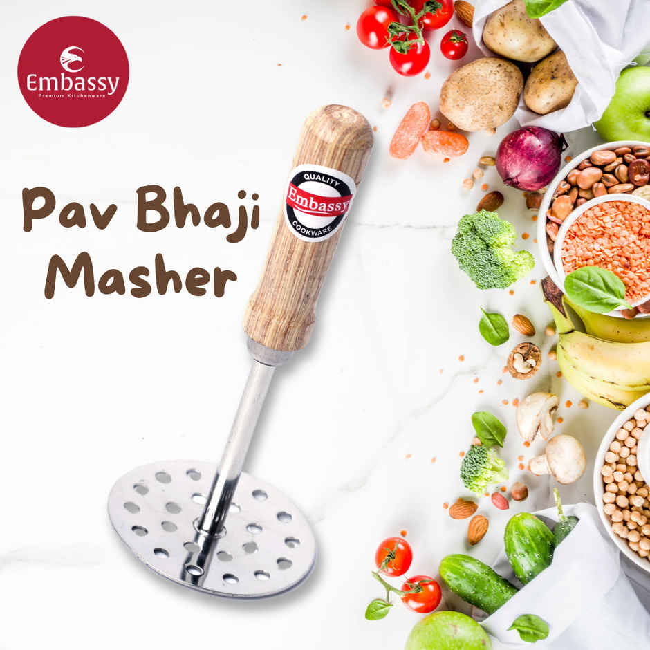 Embassy Pav Bhaji Masher, Size 3 (Wood Handle), Stainless Steel (Mashing Vegetables, Baby Food etc.)