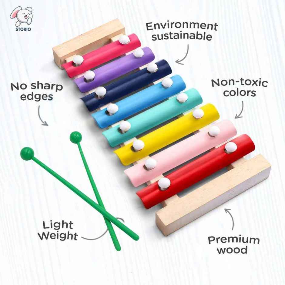 Storio Wooden Xylophone Toy For Kids 3+ Years | 8-Note Musical Instrument | 2 Mallets | Multicolour