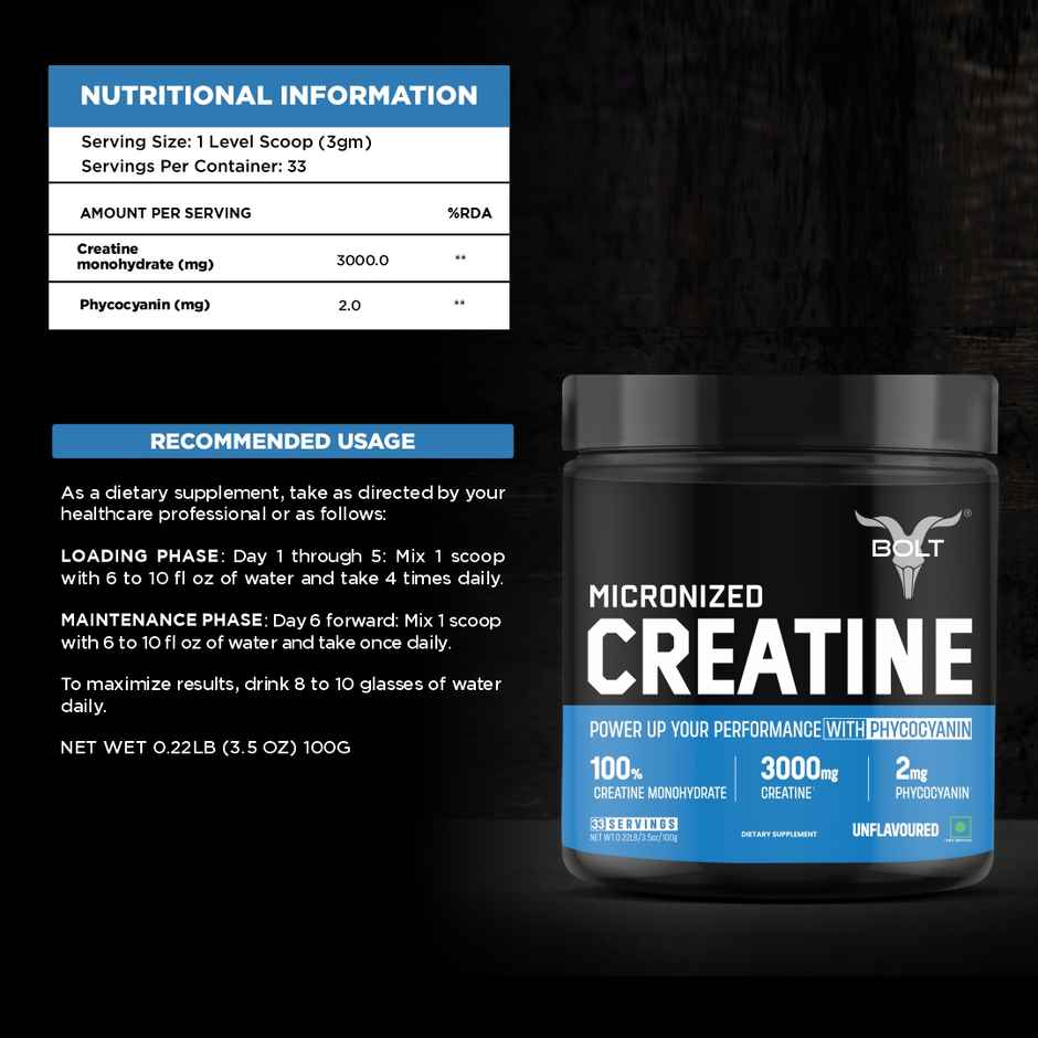 Bolt Micronised Creatine Monohydrate 3000 Powder|With Phycocyanine|Unflavored