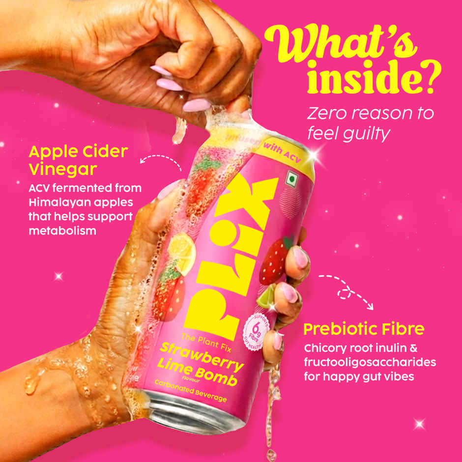 Plix Strawberry Lime Bomb Fizzy Soft Drink Can|Low Calorie & Zero Sugar|Prebiotics With 6g Fibre | Soda