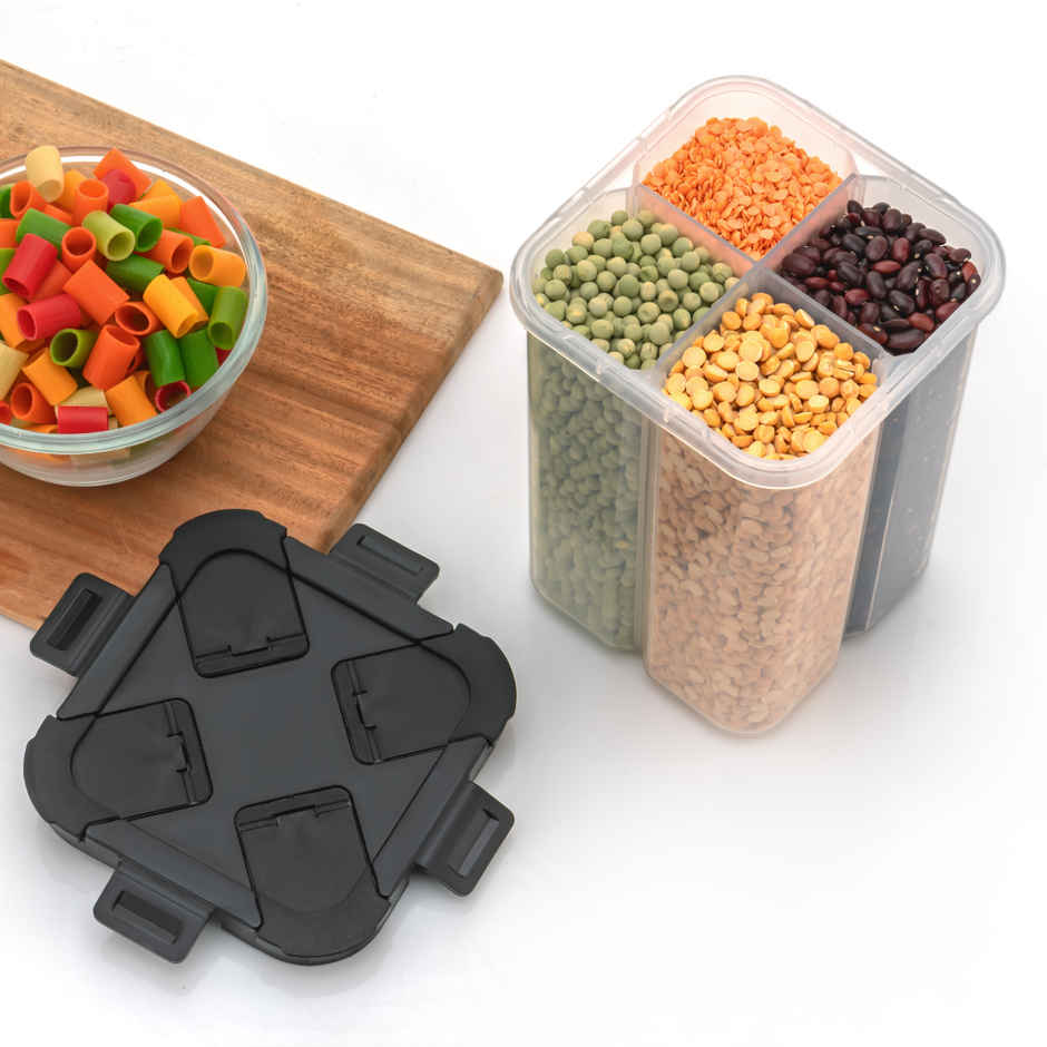 ReeQ 4 Section Airtight Dry Food Storage Container | Black Lid - 2 L