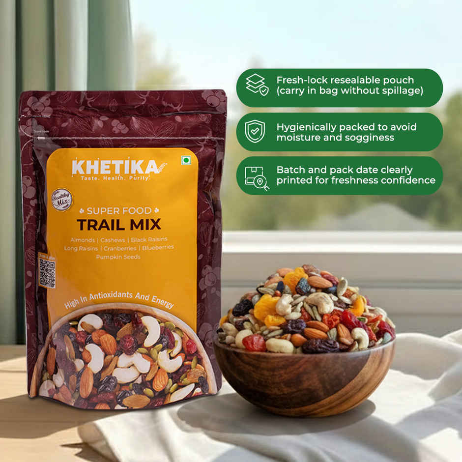 Khetika Trail Mix | 7 Superfoods in 1 Mix | Almonds, Cashews, Raisins, Berries & Seeds