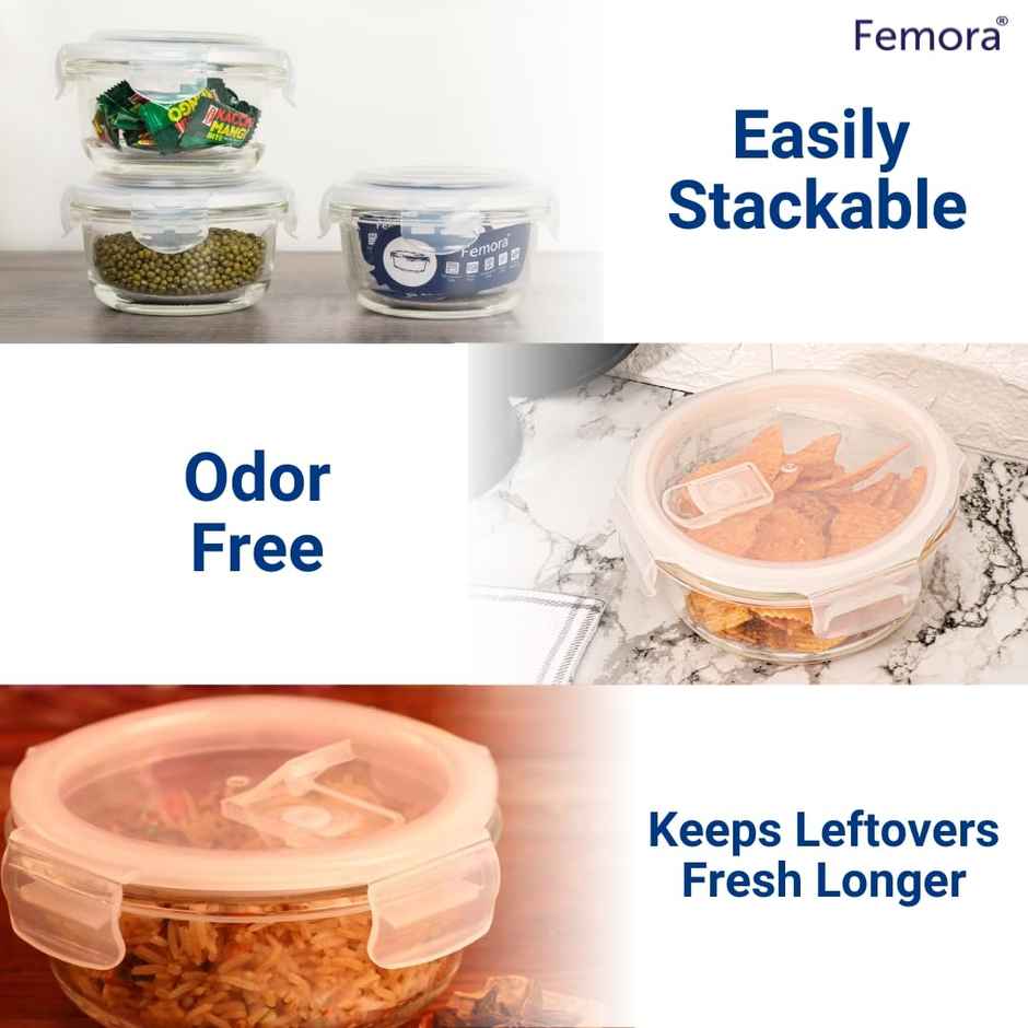 Femora Borosilicate Round Glass Food Storage Container With Air Vent Lid -580 ml