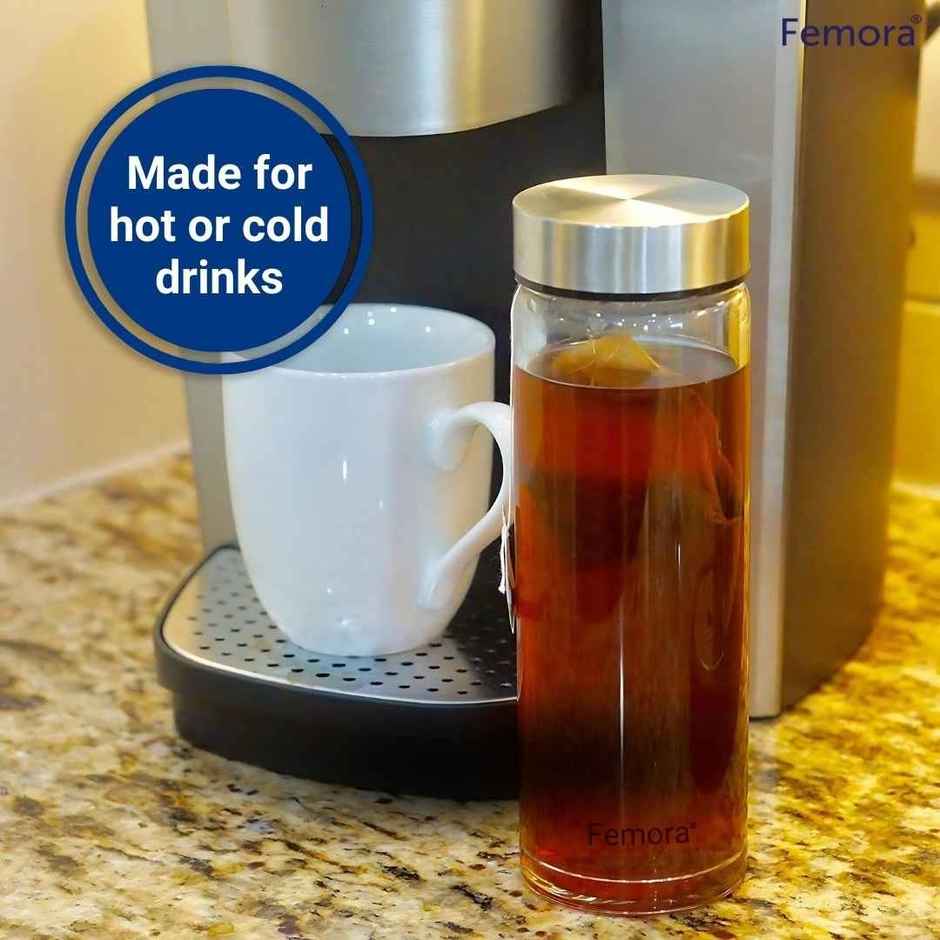 Femora Borosilicate Glass Bottle with Steel Lid Finish | Transparent | 1 L