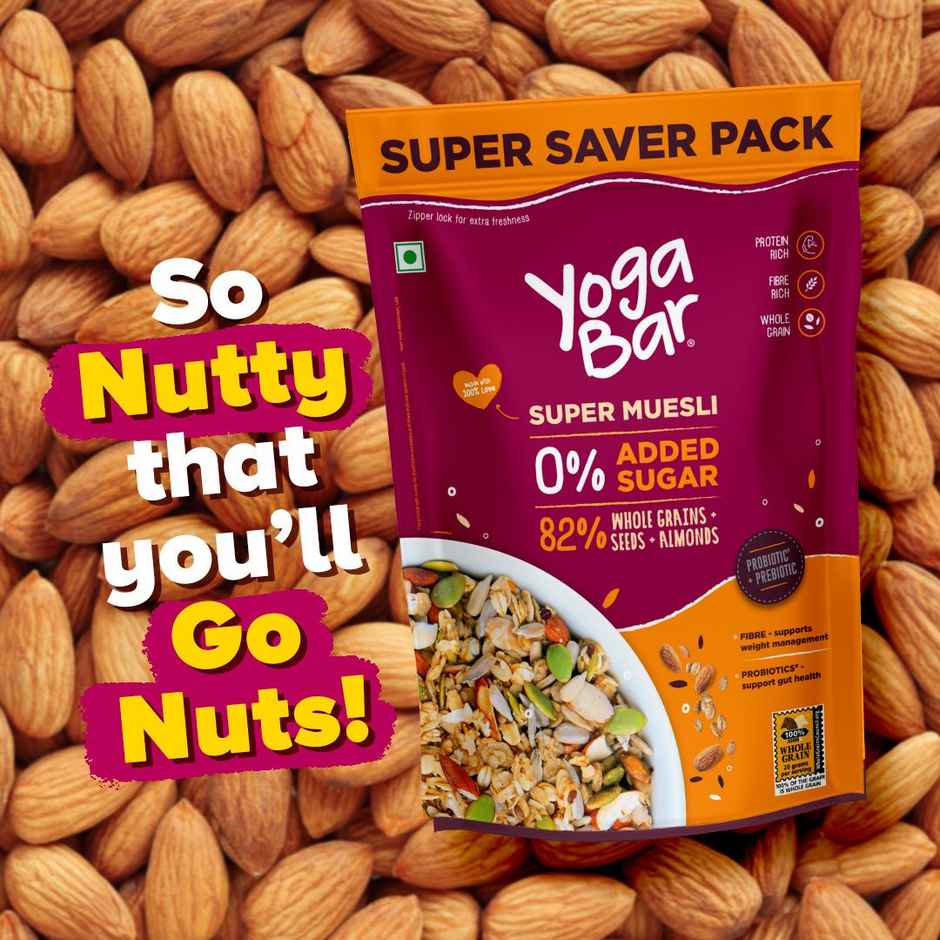 Yoga Bar Super Muesli, No Added Sugar, with Probiotics & Prebiotics, 84% Almonds+Chia & Flax Seeds