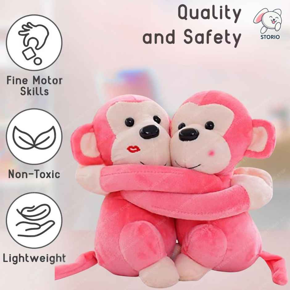 Storio Monkey's Cuddly Couple Plush Soft toy Kids Birthday Gift | Pink - 25 cm