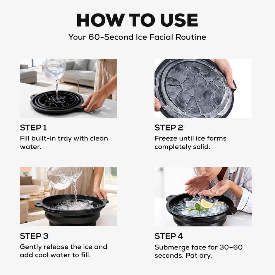 Gleva Foldable Silicone Ice Facial Bowl | Built in Ice Tray | Portable | Dishwasher Safe | Black