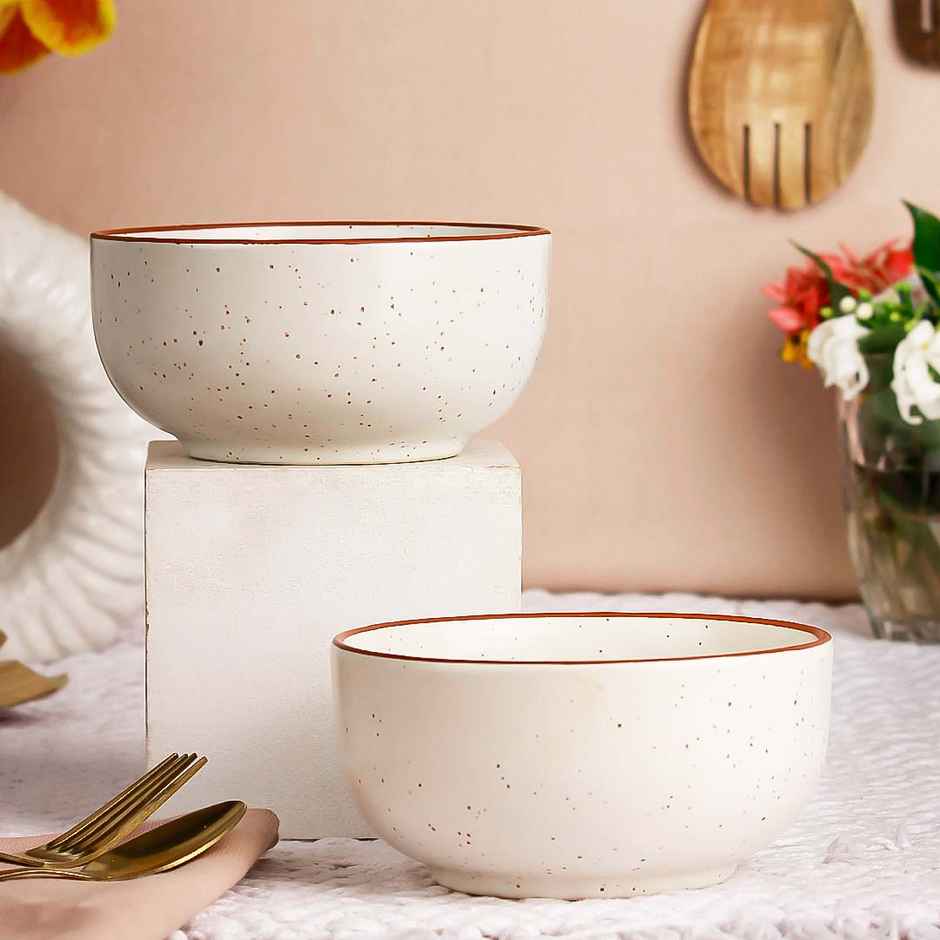 The Earth Store White Marble 2Pc Ceramic Bowl Gift Set, 500 ml Each Microwave Safe, Snack Serving