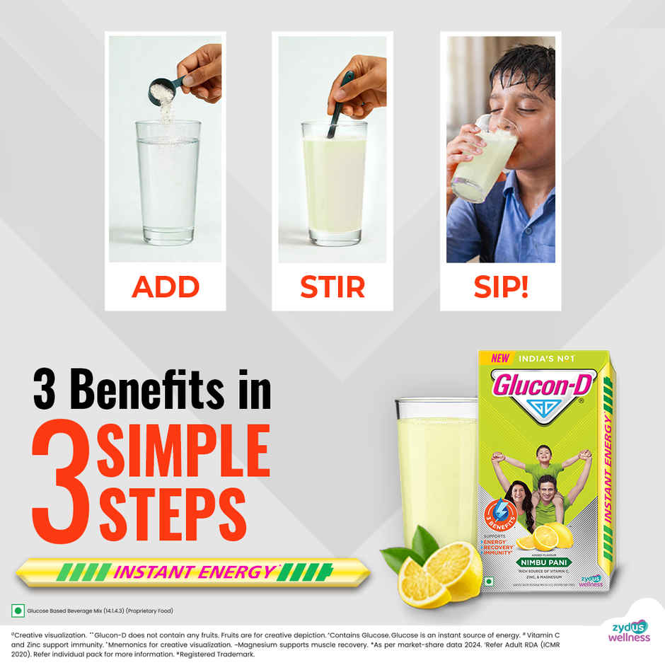 Glucon-D Nimbu Pani with 3 Benefits of Energy, Recovery, and Immunity