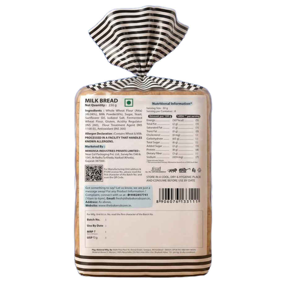 The Baker's Dozen Zero Maida Milk Bread | Atta Bread | Sandwich Bread | White Bread | Clean Label