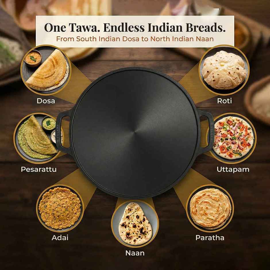 Solara Essentials Pre Seasoned Cast Iron Dosa Tawa | 29 cm | Black