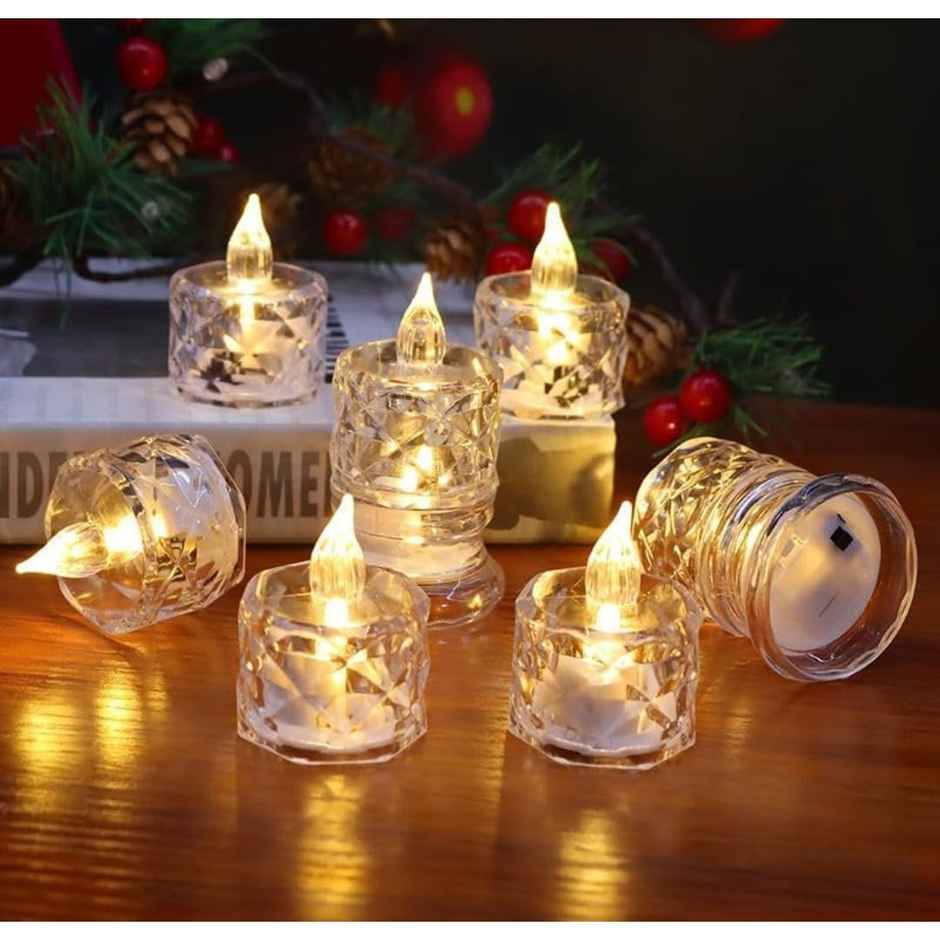 Perpetual LED Diya Candles | Electric Flameless Smokeless Lights | Pack of 12 | Crystal Design