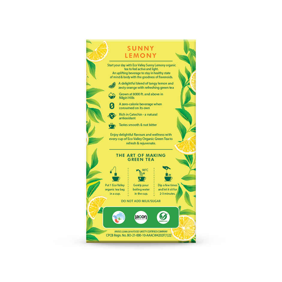 Eco Valley Organic Green Tea- Sunny Lemony| Boost Energy, Helps Burn Body Fat| Zero Calories
